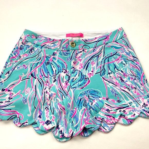 Lilly Pulitzer Buttercup Knit Shorts Women 0 EUC‎ Stretched Pockets Scalloped - Picture 1 of 13